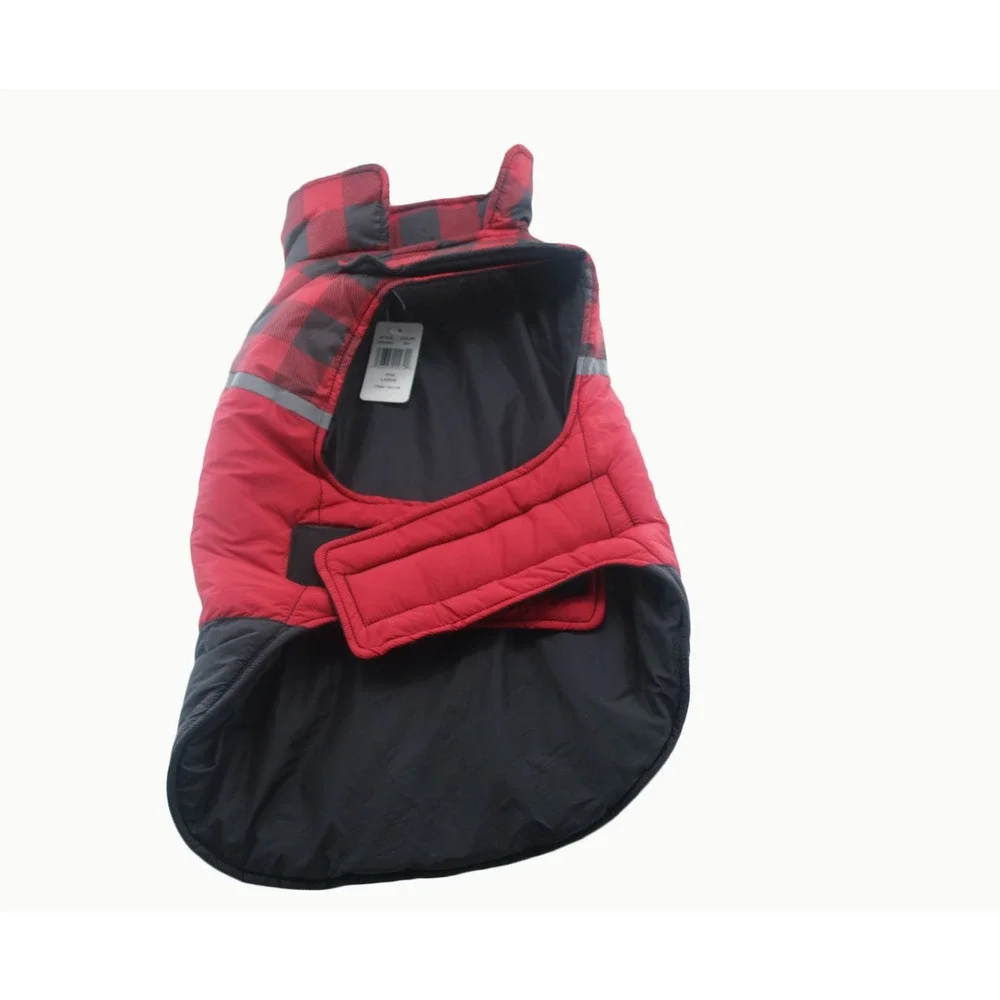 Pet Dog Puffer Vest Red Black Buffalo Plaid Quilted Lightweight Large Reflective